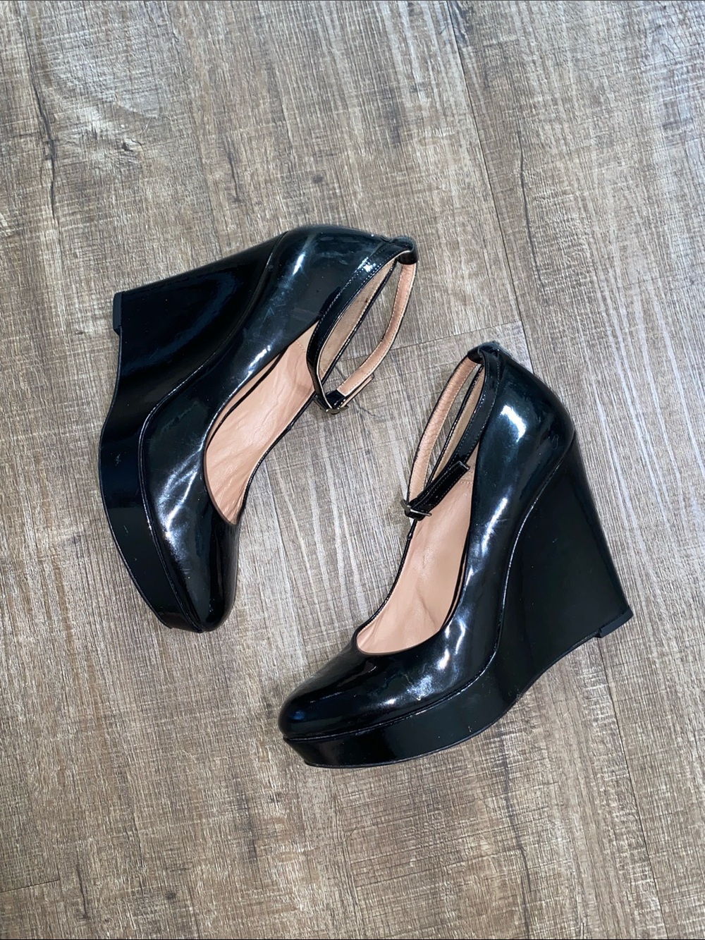 Vintage Black Patent Wedge Heels with Ankle Strap